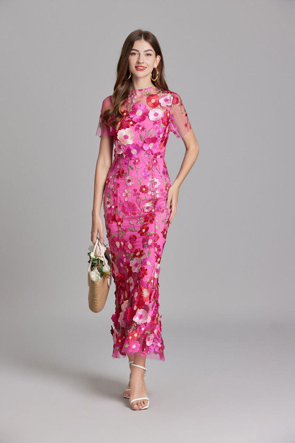 ladies floral midi dress Picnic in Europe Floral Midi Dress M / Coral Pink
