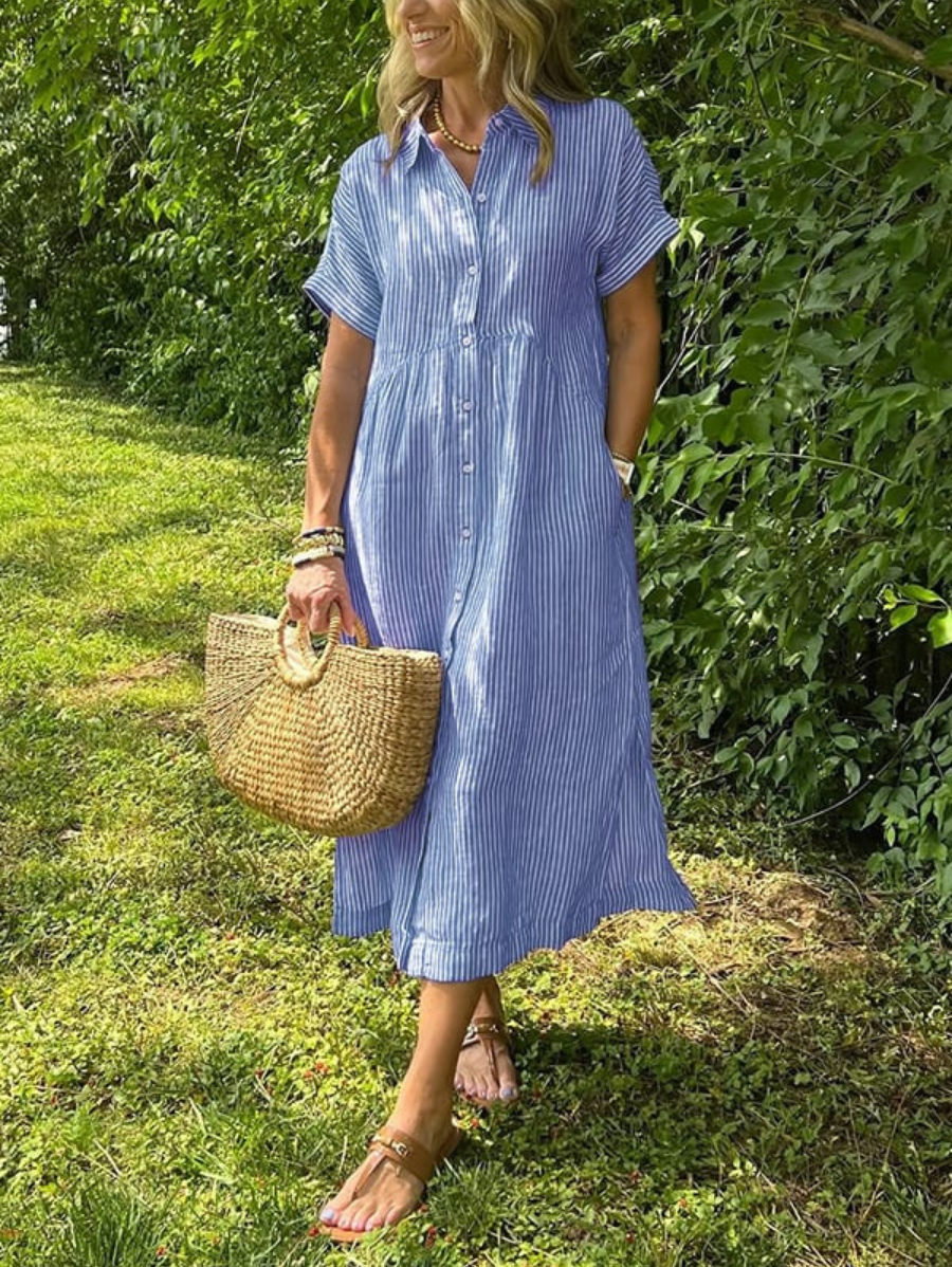 Hadley | Women's Linen Striped Midi Dress With Button-Down Front, Gray / 4XL Hadley | Women's Linen Striped Midi Dress With Button-Down Front, Gray / 4XL