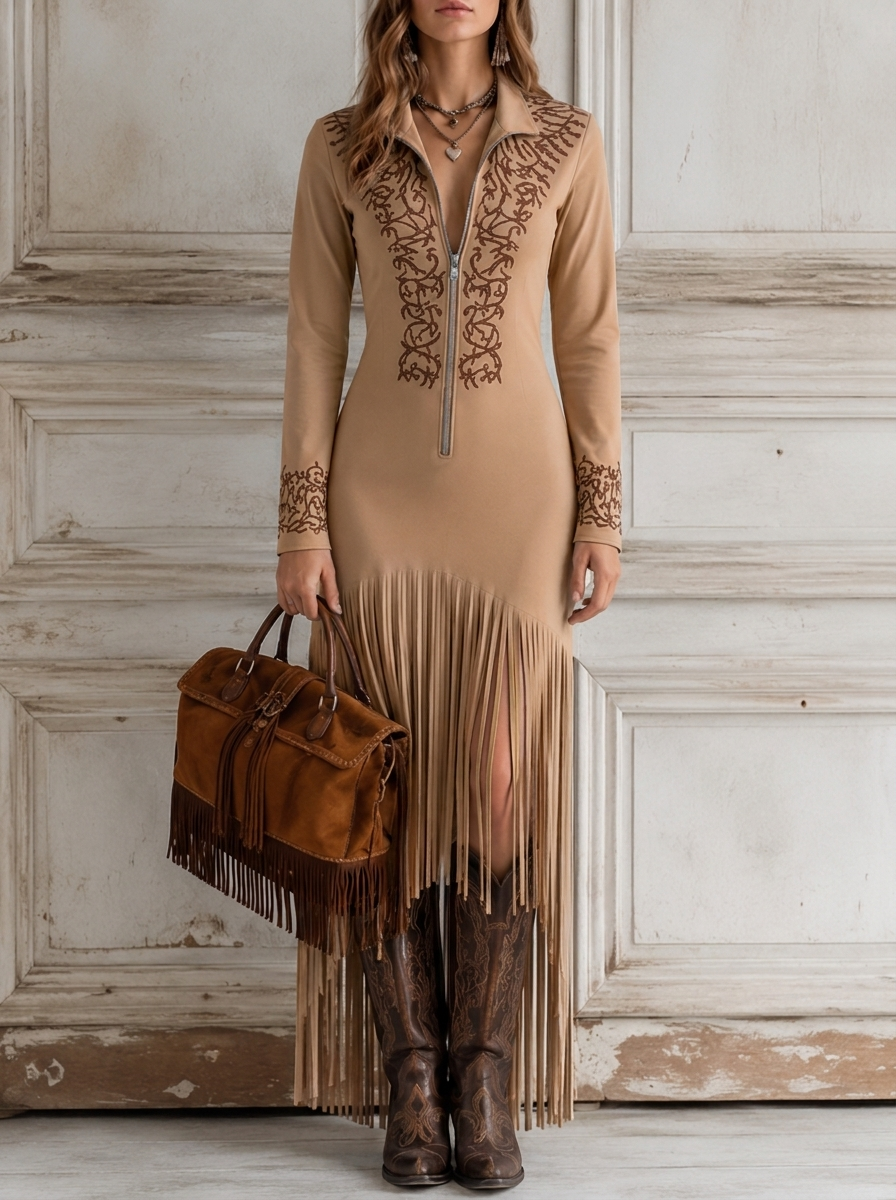 western fringe dress Star Sequin  Rodeo Midi Glam on Clearance L With tiered studded fringe Jolene | Women's Western Fringe