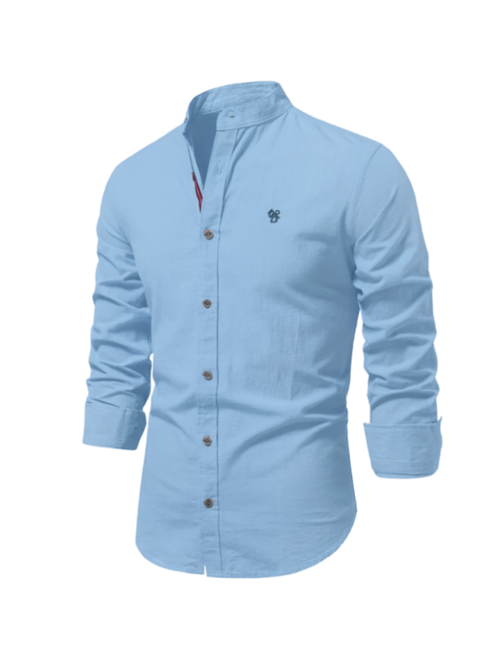 Liam | Men's Cotton Shirt With Mandarin Collar & Contrast Buttons