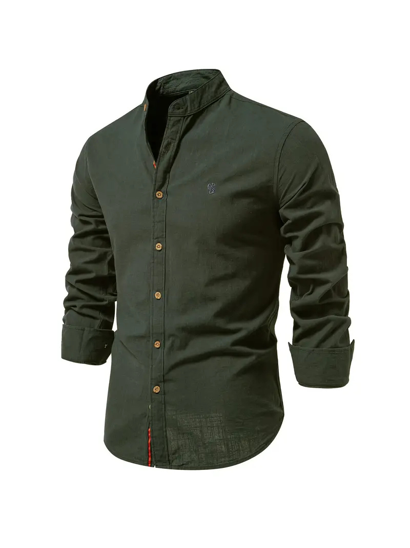 Liam | Men's Cotton Shirt With Mandarin Collar & Contrast Buttons