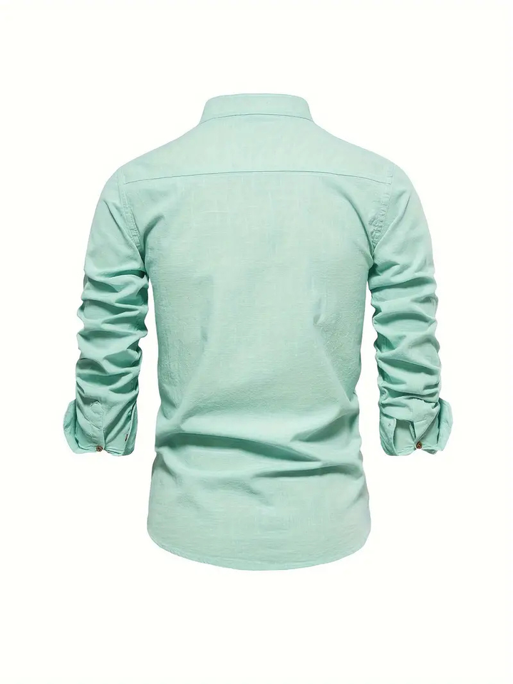 Liam | Men's Cotton Shirt With Mandarin Collar & Contrast Buttons
