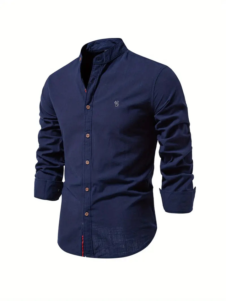 Liam | Men's Cotton Shirt With Mandarin Collar & Contrast Buttons