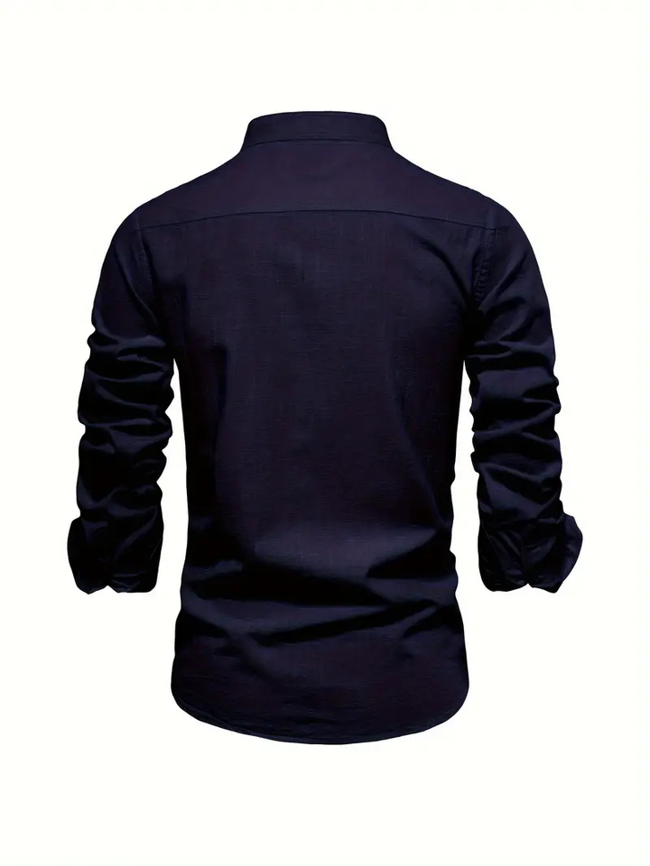 Liam | Men's Cotton Shirt With Mandarin Collar & Contrast Buttons