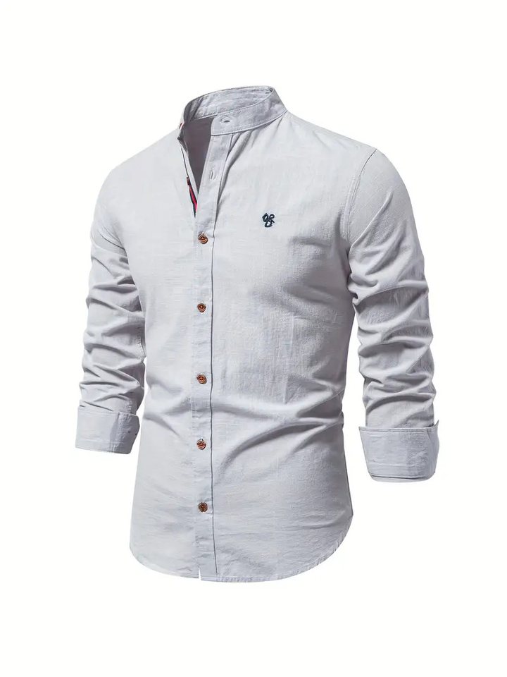 Liam | Men's Cotton Shirt With Mandarin Collar & Contrast Buttons