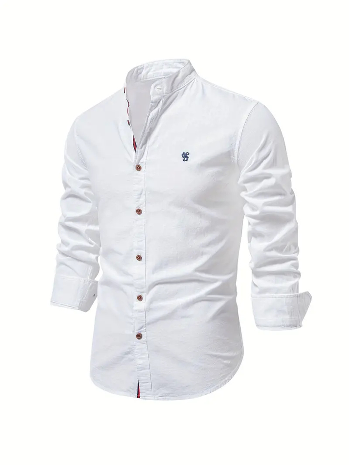 Liam | Men's Cotton Shirt With Mandarin Collar & Contrast Buttons