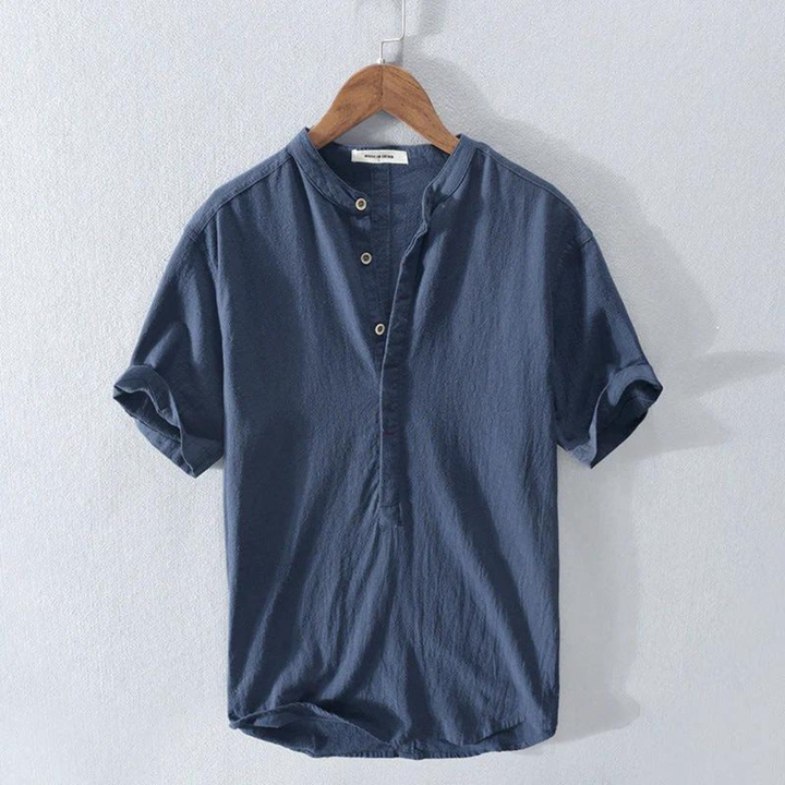 Lucas | Men's Linen Shirt With Mandarin Collar & Short Sleeves