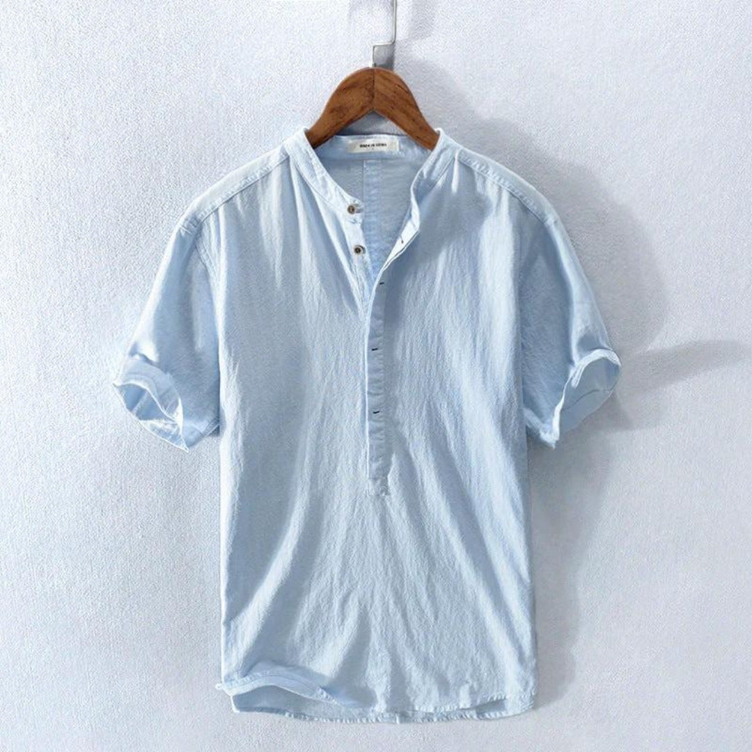 Lucas | Men's Linen Shirt With Mandarin Collar & Short Sleeves