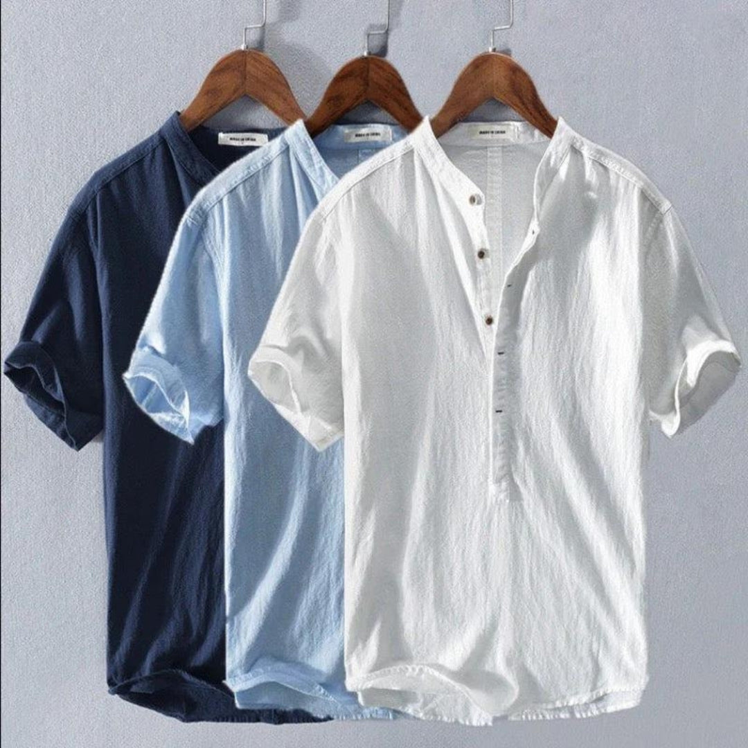 Lucas | Men's Linen Shirt With Mandarin Collar & Short Sleeves