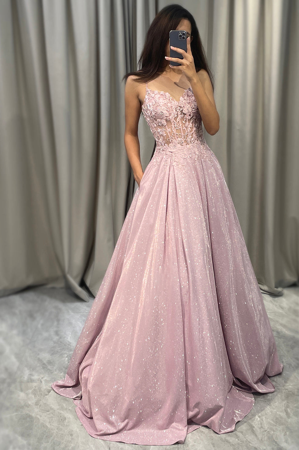Olivia | Women's Pink Wedding Guest Dresses With Floral Appliqué And Glitter Skirt